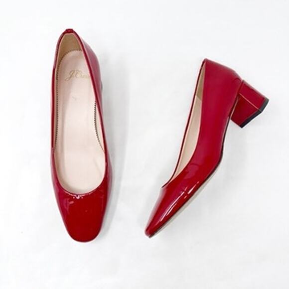 [J. Crew] Red Kate Shiny Patent Leather Square Toe Low Block Heel Pumps Size 8 - Picture 7 of 10